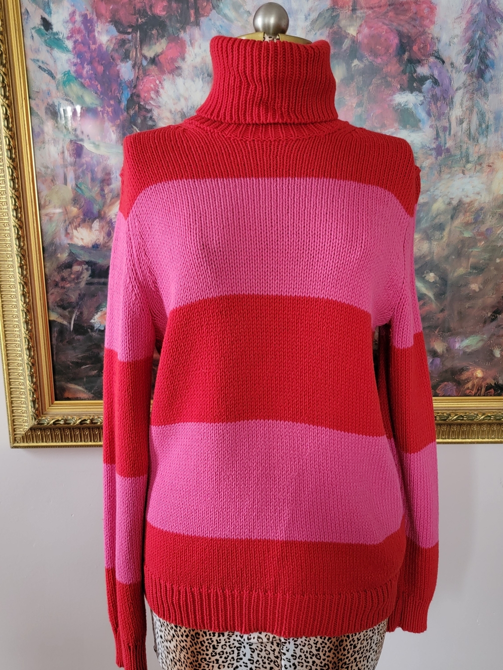 Vintage Isaac Mizrahi Bold Stripe Turtleneck Sweater - Pink & Red
